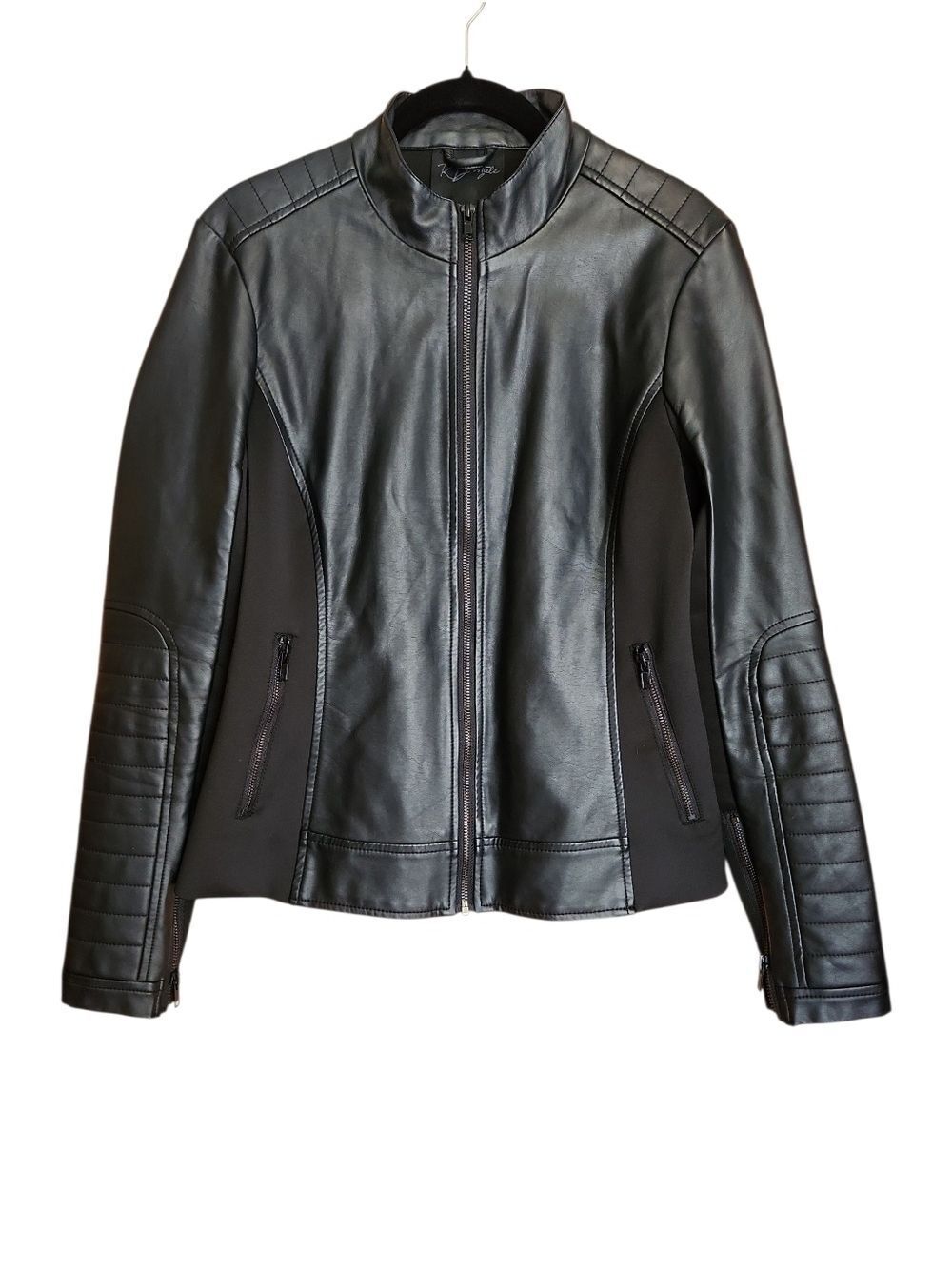 FAUX LEATHER MIXED MEDIA EDGY BLACK MOTO JACKET SIZE MEDIUM
